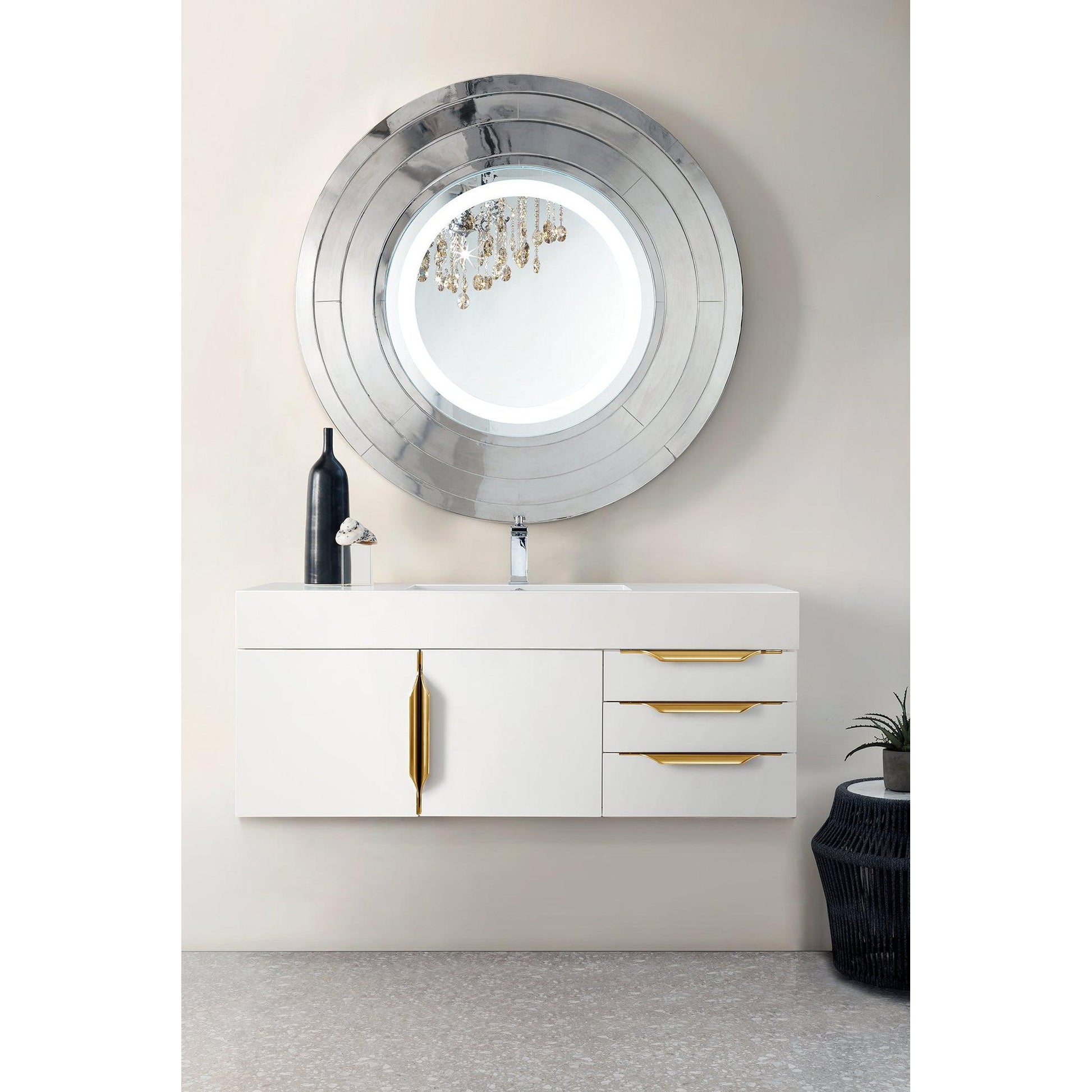 James Martin Vanities Mercer Island 48" Glossy White, Radiant Gold Single Vanity With Glossy White Composite Top