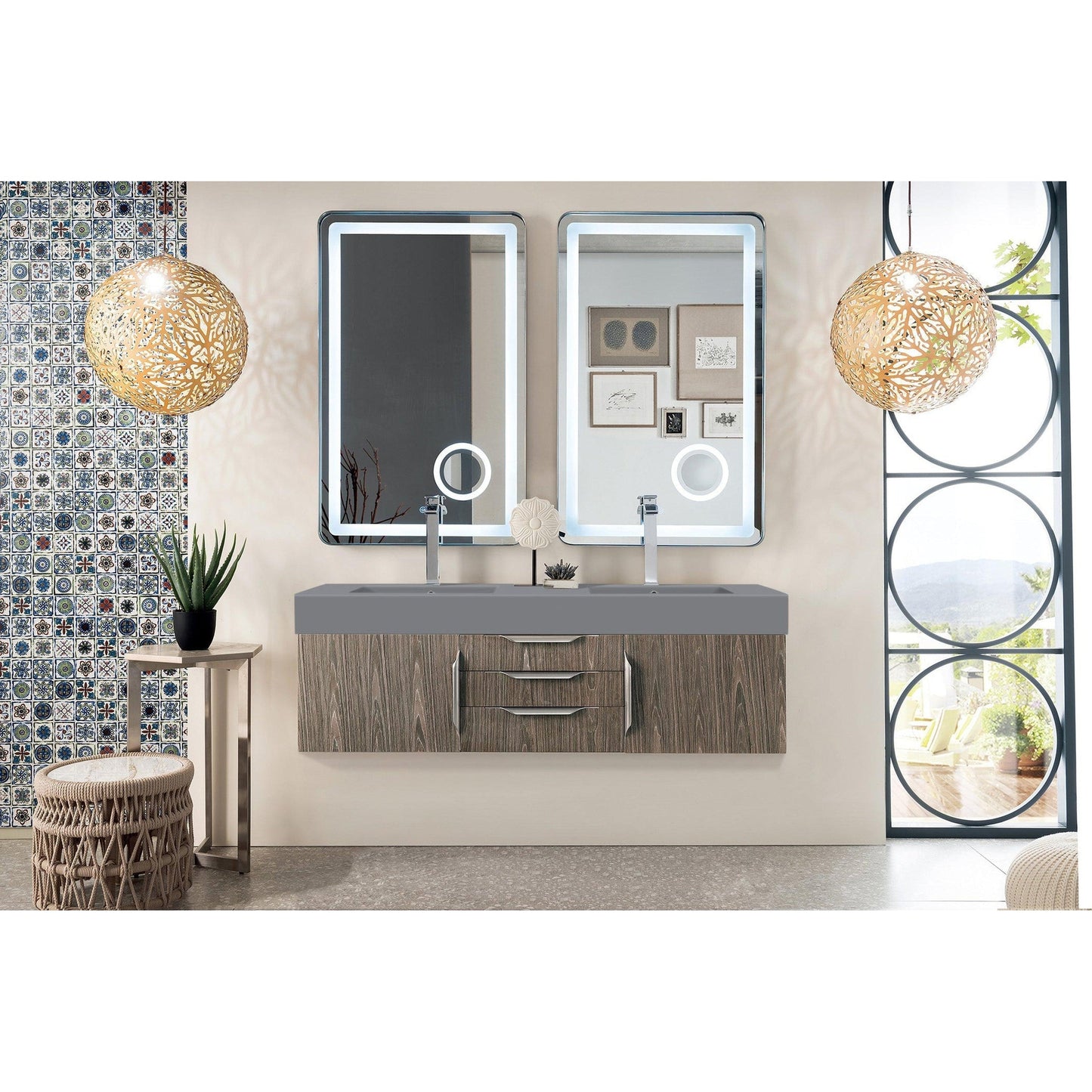 James Martin Vanities Mercer Island 59" Ash Gray Double Vanity With Dusk Grey Glossy Composite Top