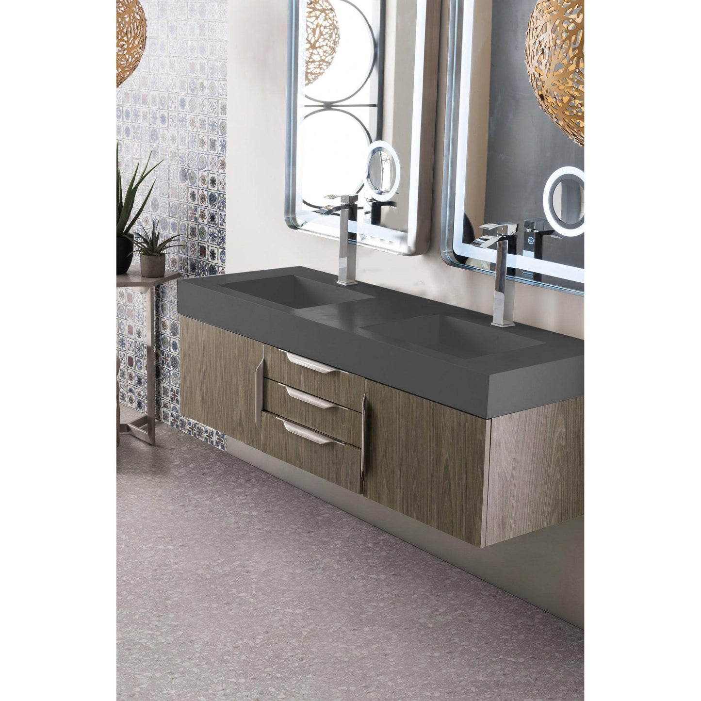 James Martin Vanities Mercer Island 59" Ash Gray Double Vanity With Dusk Grey Glossy Composite Top