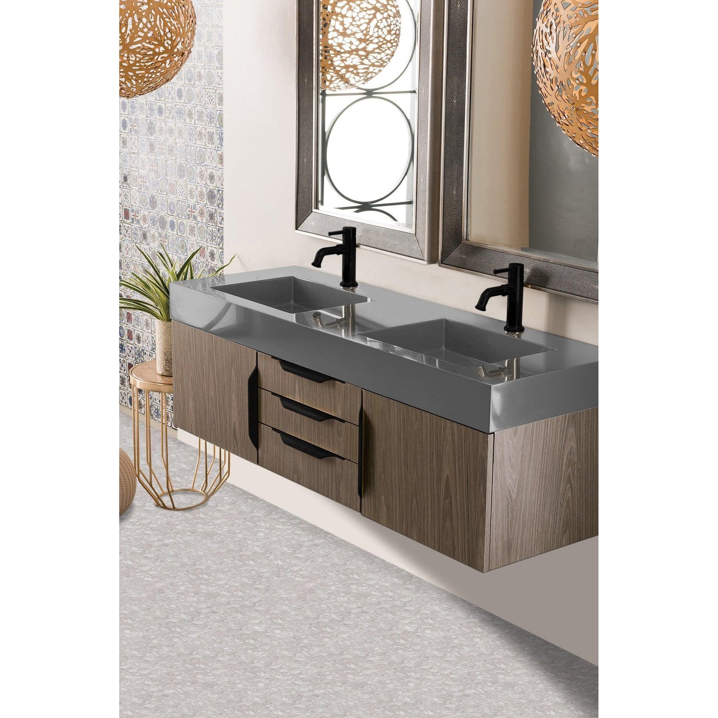 James Martin Vanities Mercer Island 59" Ash Gray, Matte Black Double Vanity With Dusk Grey Glossy Composite Top