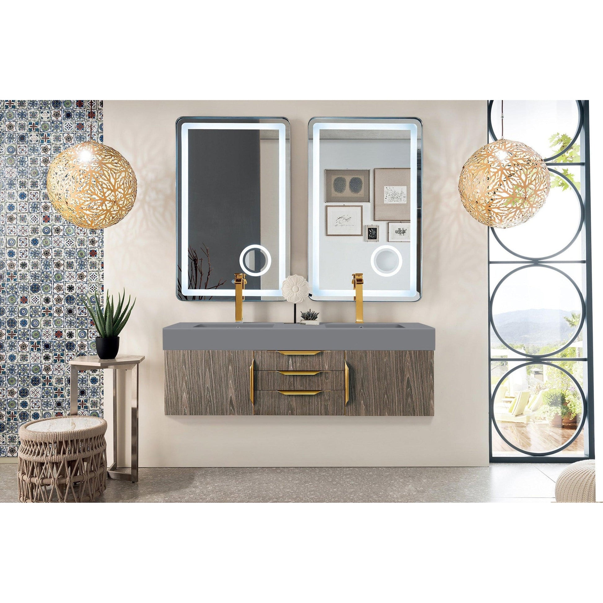 James Martin Vanities Mercer Island 59" Ash Gray, Radiant Gold Double Vanity With Dusk Grey Glossy Composite Top