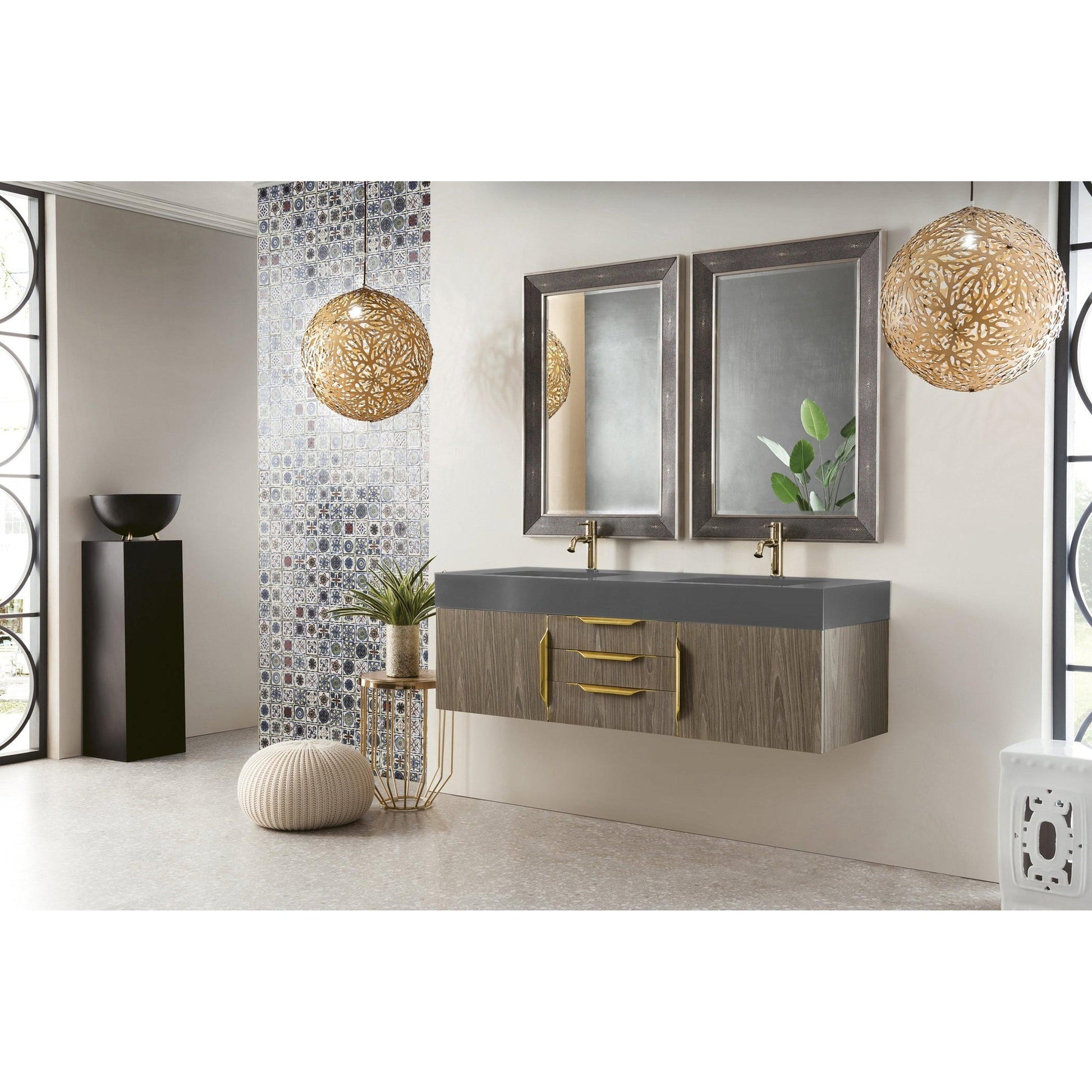 James Martin Vanities Mercer Island 59" Ash Gray, Radiant Gold Double Vanity With Dusk Grey Glossy Composite Top