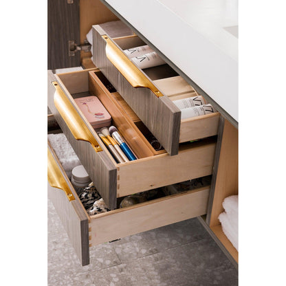 James Martin Vanities Mercer Island 59" Ash Gray, Radiant Gold Double Vanity With Glossy White Composite Top