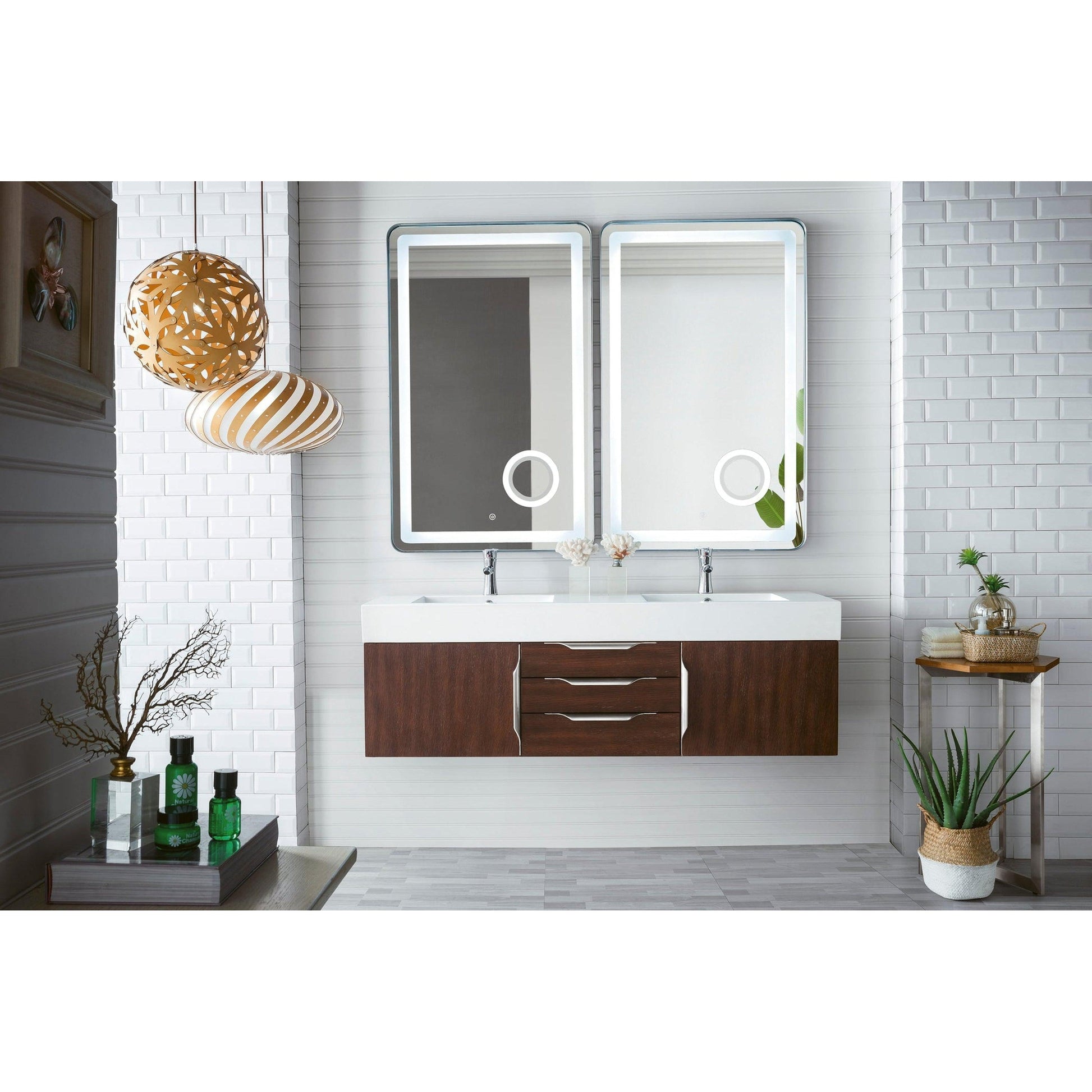 James Martin Vanities Mercer Island 59" Coffee Oak Double Vanity With Glossy White Composite Top