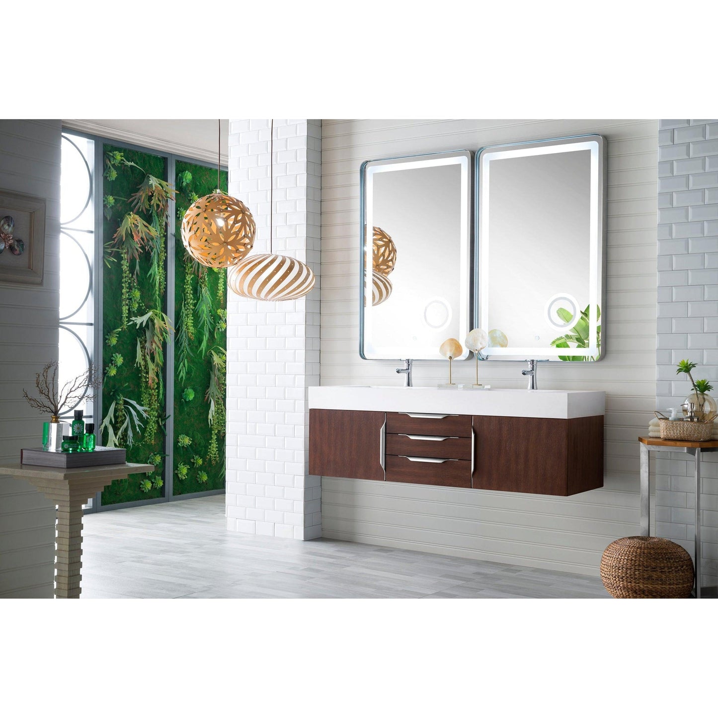 James Martin Vanities Mercer Island 59" Coffee Oak Double Vanity With Glossy White Composite Top