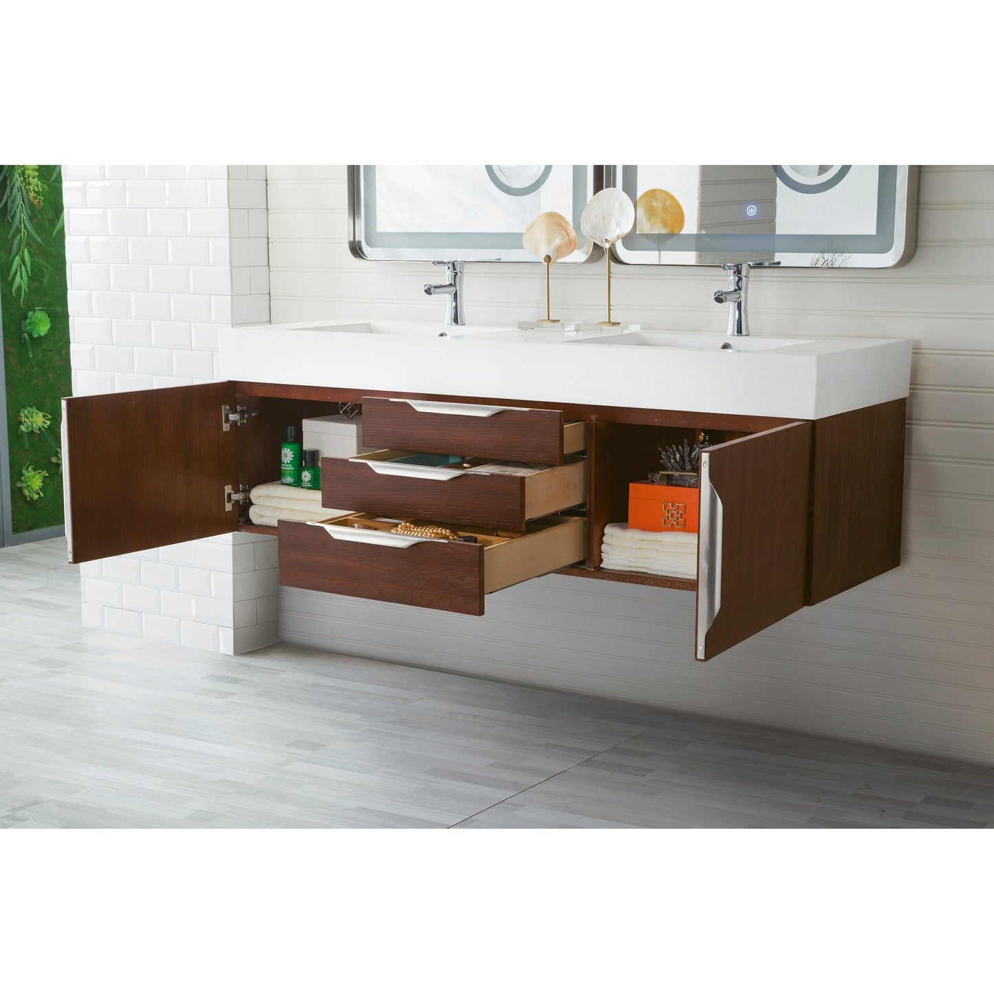 James Martin Vanities Mercer Island 59" Coffee Oak Double Vanity With Glossy White Composite Top