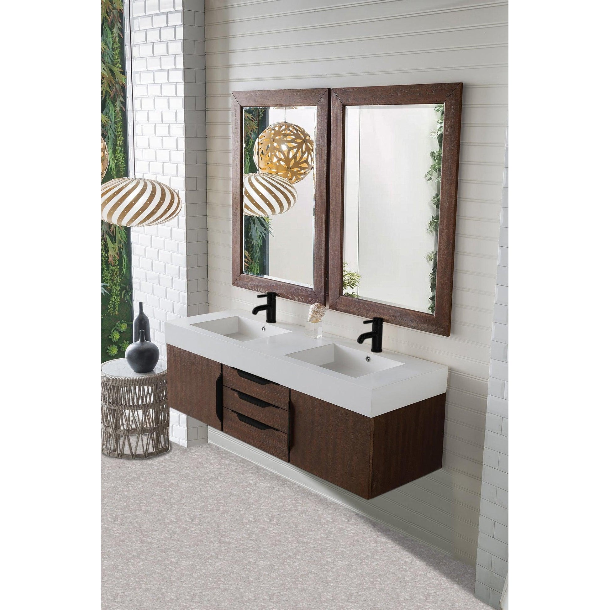 James Martin Vanities Mercer Island 59" Coffee Oak, Matte Black Double Vanity With Glossy White Composite Top