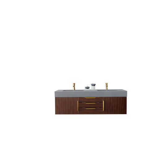 James Martin Vanities Mercer Island 59" Coffee Oak, Radiant Gold Double Vanity With Dusk Grey Glossy Composite Top