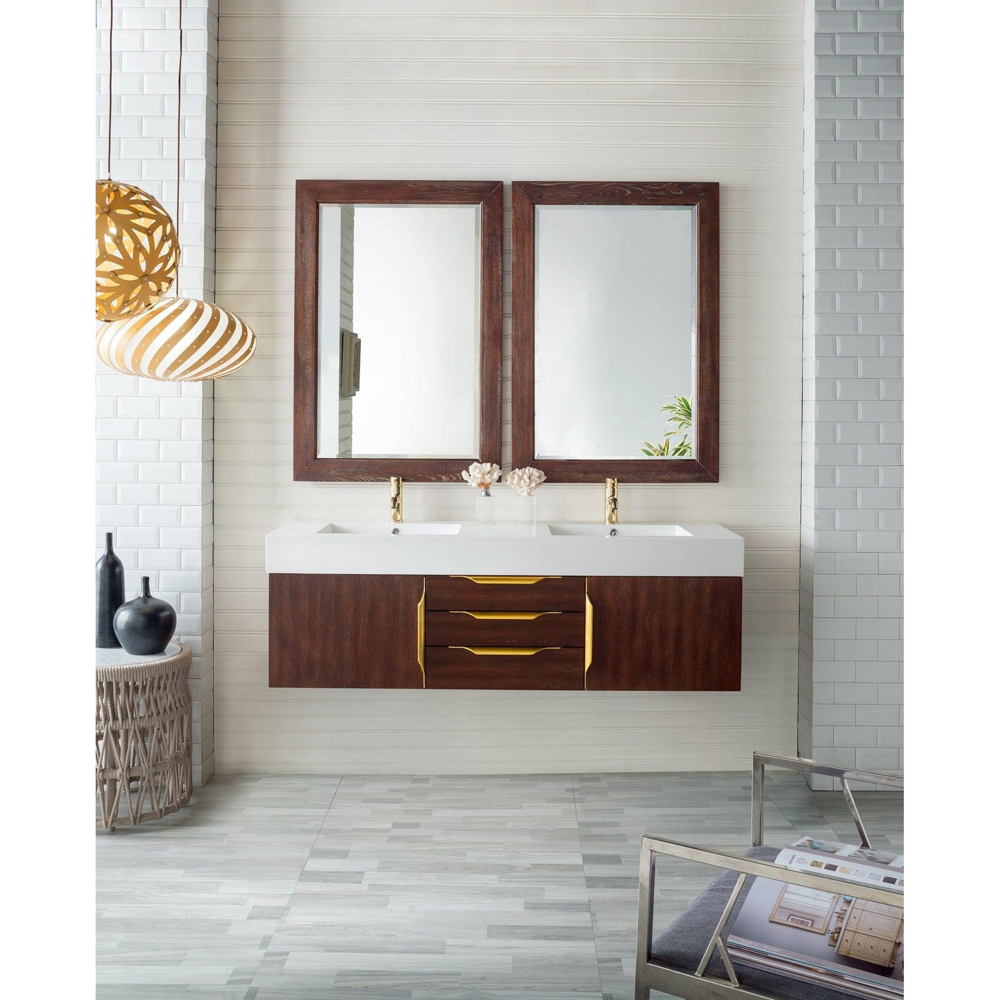 James Martin Vanities Mercer Island 59" Coffee Oak, Radiant Gold Double Vanity With Glossy White Composite Top