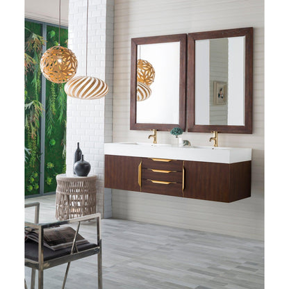 James Martin Vanities Mercer Island 59" Coffee Oak, Radiant Gold Double Vanity With Glossy White Composite Top