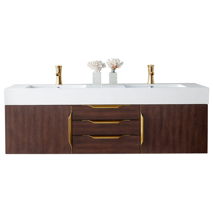 James Martin Vanities Mercer Island 59" Coffee Oak, Radiant Gold Double Vanity With Glossy White Composite Top