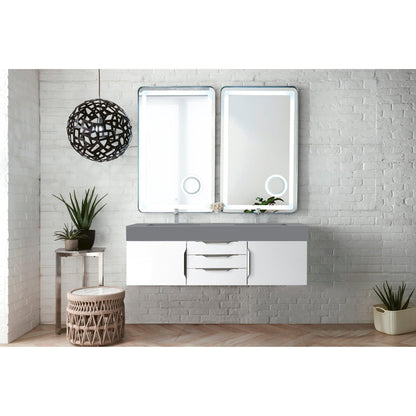 James Martin Vanities Mercer Island 59" Glossy White Double Vanity With Dusk Grey Glossy Composite Top