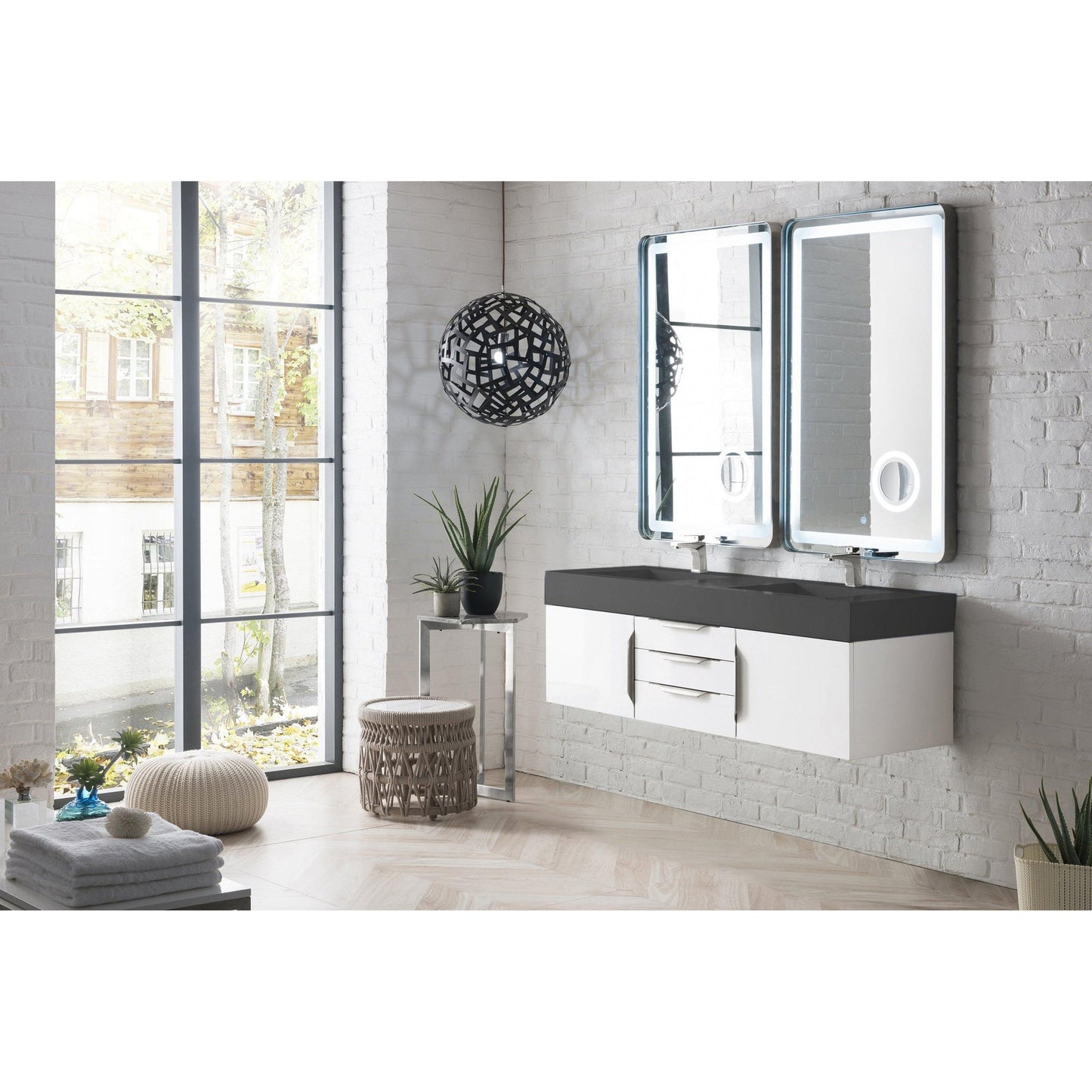 James Martin Vanities Mercer Island 59" Glossy White Double Vanity With Dusk Grey Glossy Composite Top