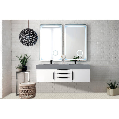 James Martin Vanities Mercer Island 59" Glossy White, Matte Black Double Vanity With Dusk Grey Glossy Composite Top