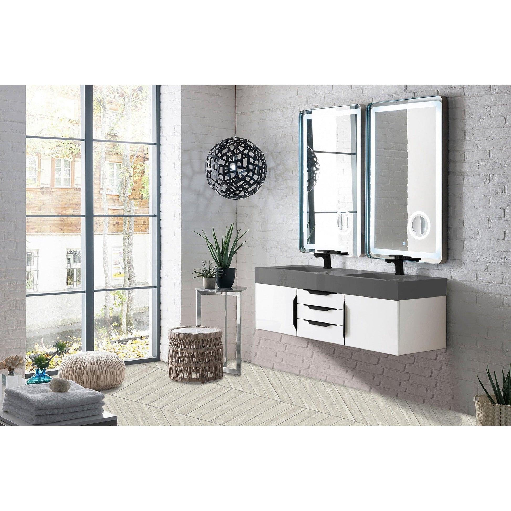 James Martin Vanities Mercer Island 59" Glossy White, Matte Black Double Vanity With Dusk Grey Glossy Composite Top