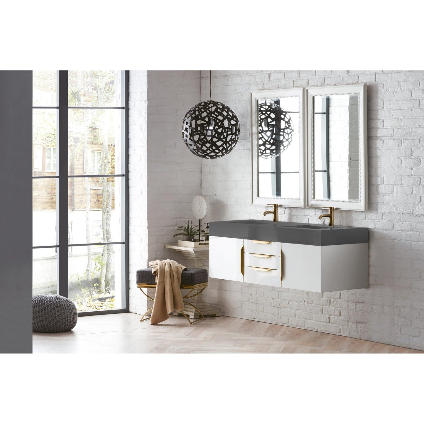 James Martin Vanities Mercer Island 59" Glossy White, Radiant Gold Double Vanity With Dusk Grey Glossy Composite Top