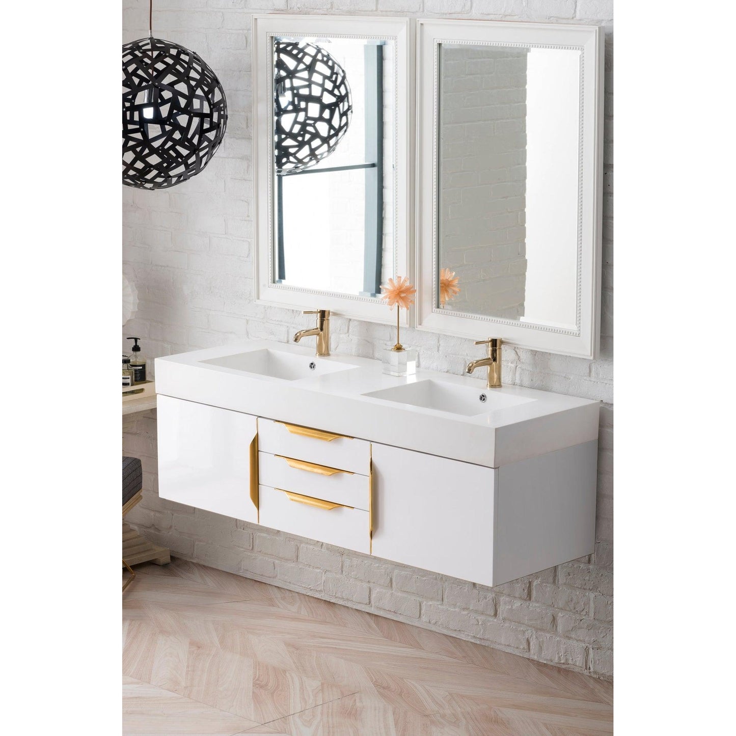 James Martin Vanities Mercer Island 59" Glossy White, Radiant Gold Double Vanity With Glossy White Composite Top