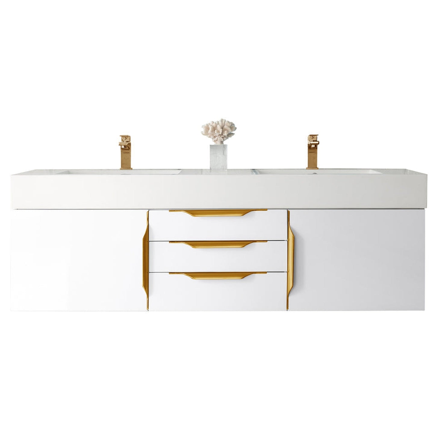 James Martin Vanities Mercer Island 59" Glossy White, Radiant Gold Double Vanity With Glossy White Composite Top