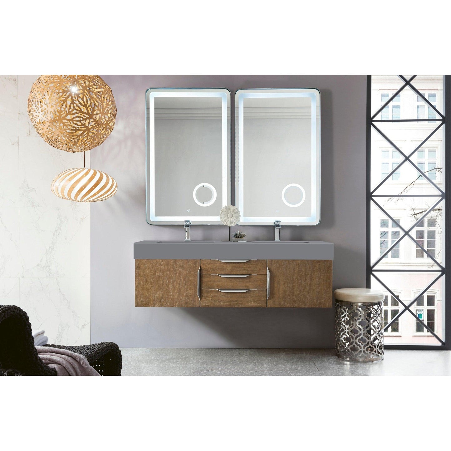 James Martin Vanities Mercer Island 59" Latte Oak Double Vanity With Dusk Grey Glossy Composite Top