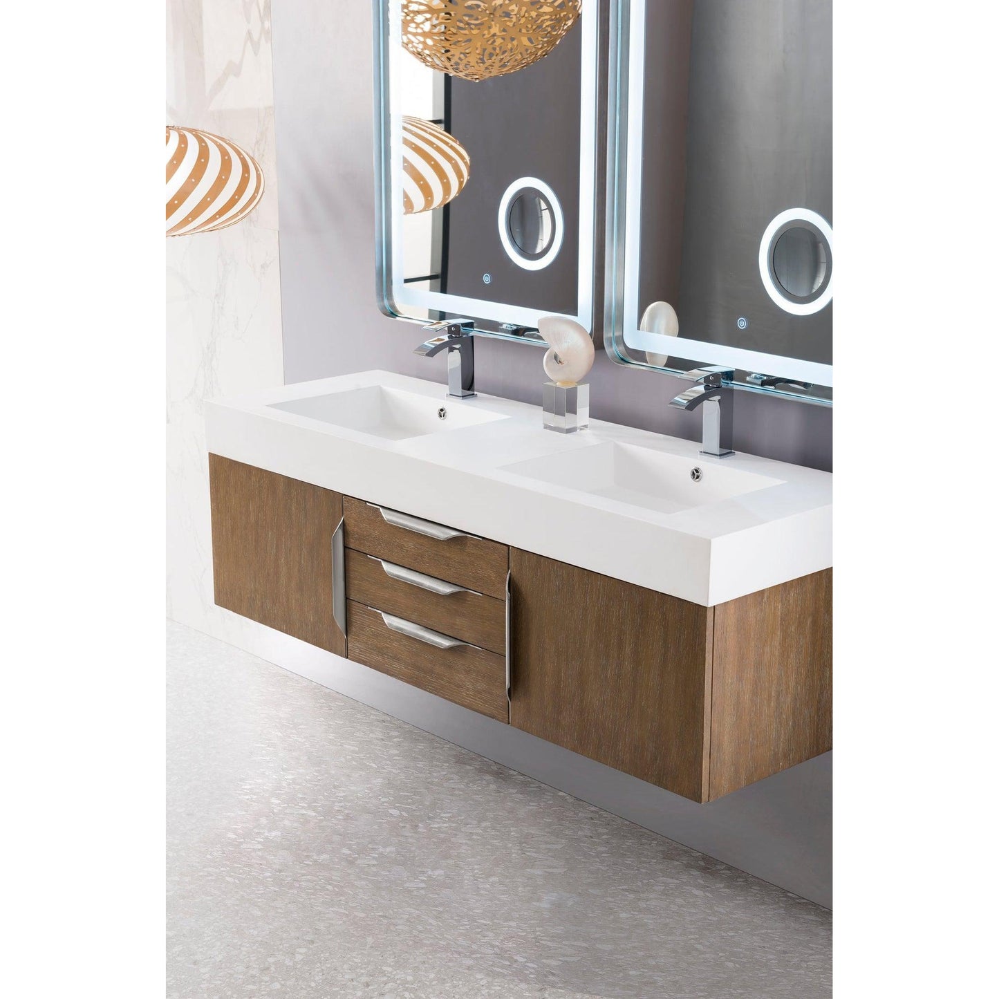 James Martin Vanities Mercer Island 59" Latte Oak Double Vanity With Glossy White Composite Top