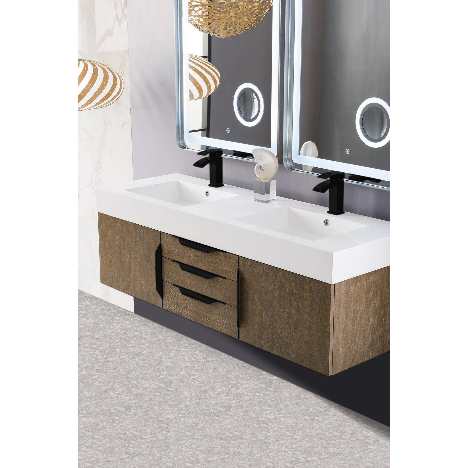 James Martin Vanities Mercer Island 59" Latte Oak, Matte Black Double Vanity With Glossy White Composite Top