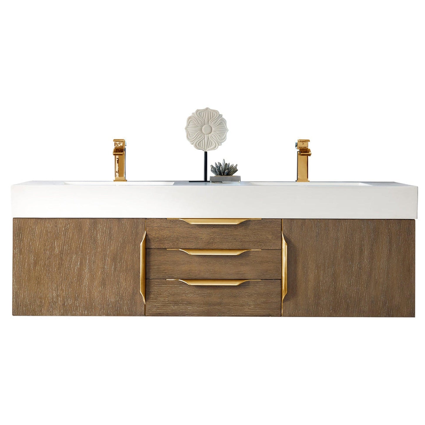 James Martin Vanities Mercer Island 59" Latte Oak, Radiant Gold Double Vanity With Glossy White Composite Top