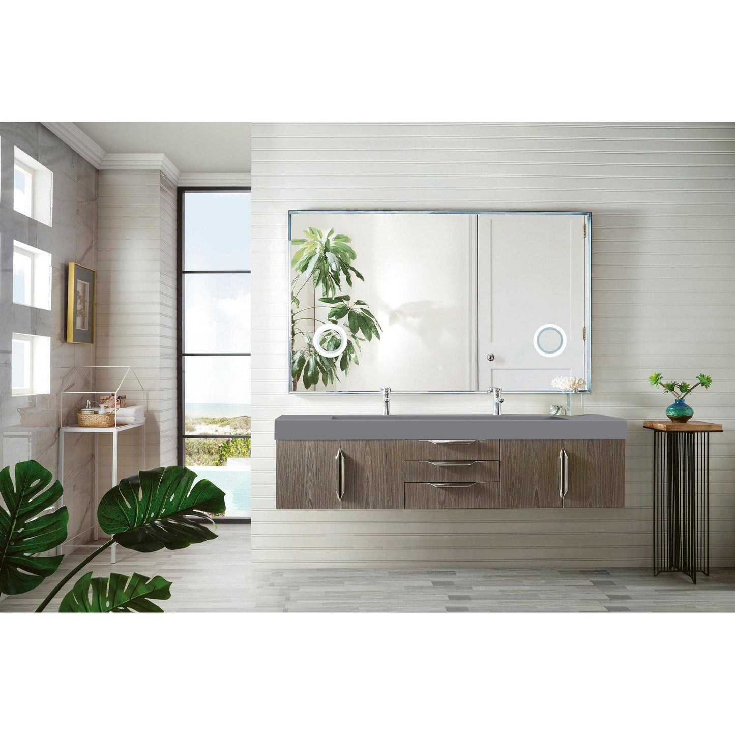 James Martin Vanities Mercer Island 72" Ash Gray Double Vanity With Dusk Grey Glossy Composite Top