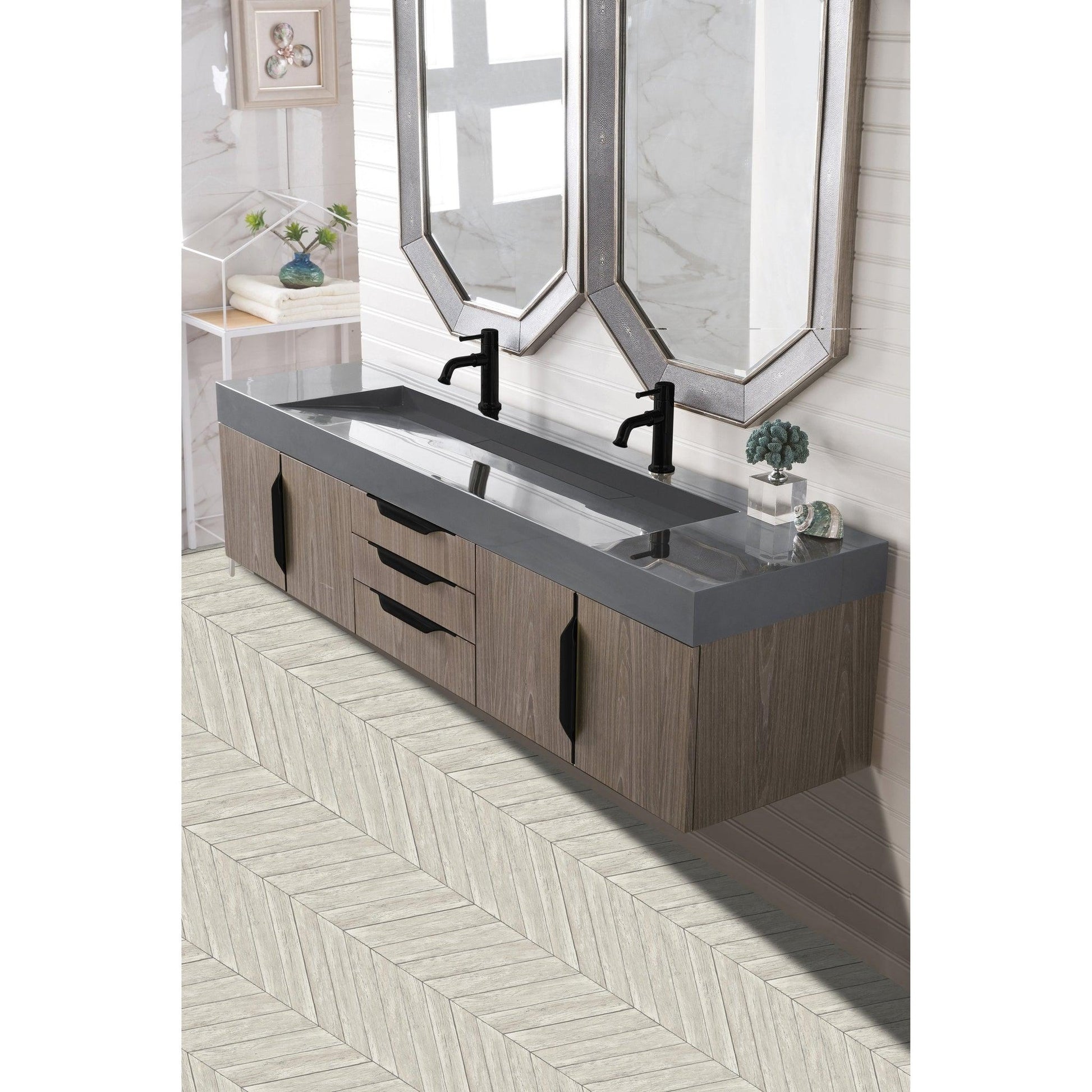 James Martin Vanities Mercer Island 72" Ash Gray, Matte Black Double Vanity With Dusk Grey Glossy Composite Top