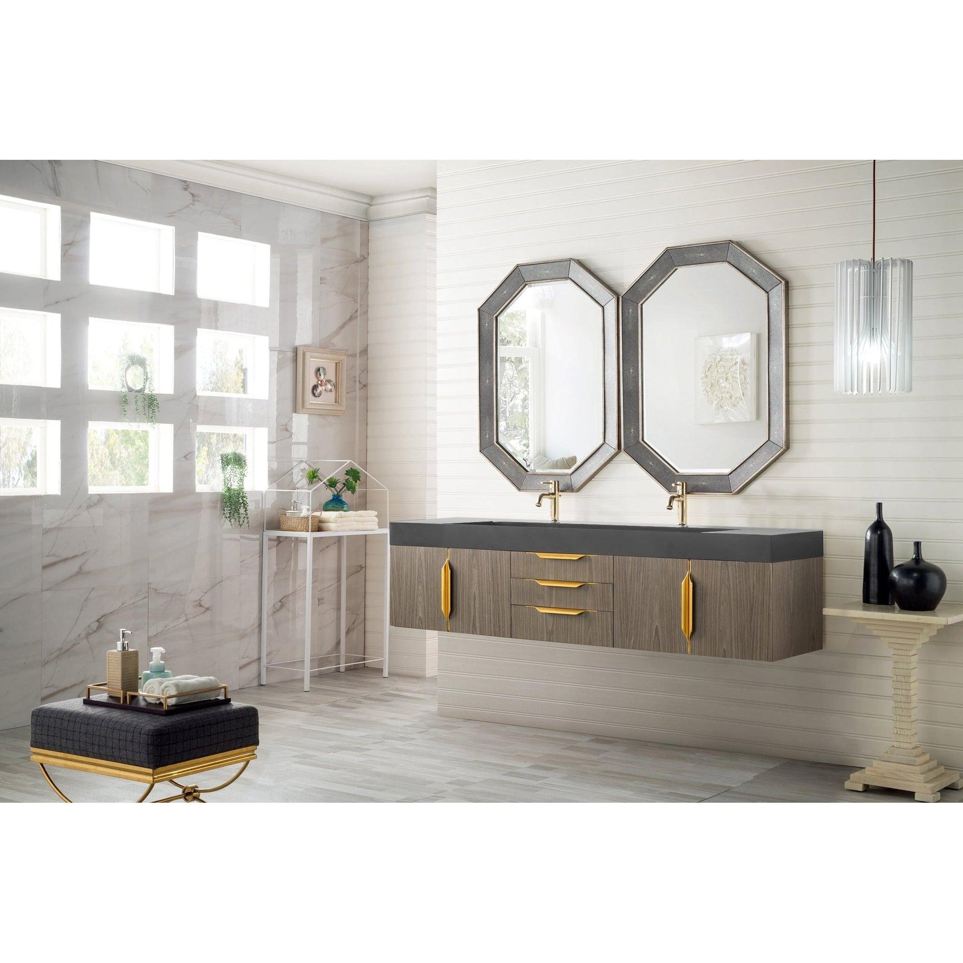 James Martin Vanities Mercer Island 72" Ash Gray, Radiant Gold Double Vanity With Dusk Grey Glossy Composite Top