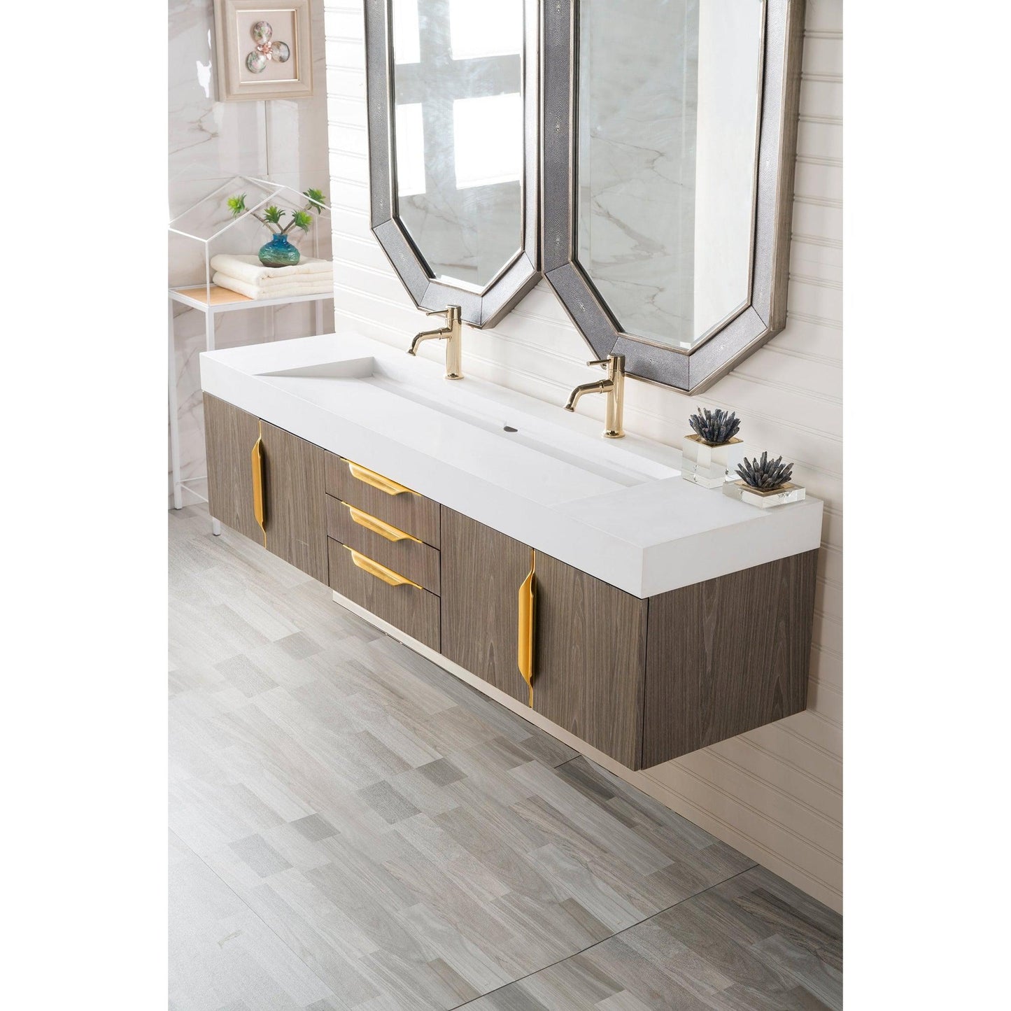 James Martin Vanities Mercer Island 72" Ash Gray, Radiant Gold Double Vanity With Glossy White Composite Top