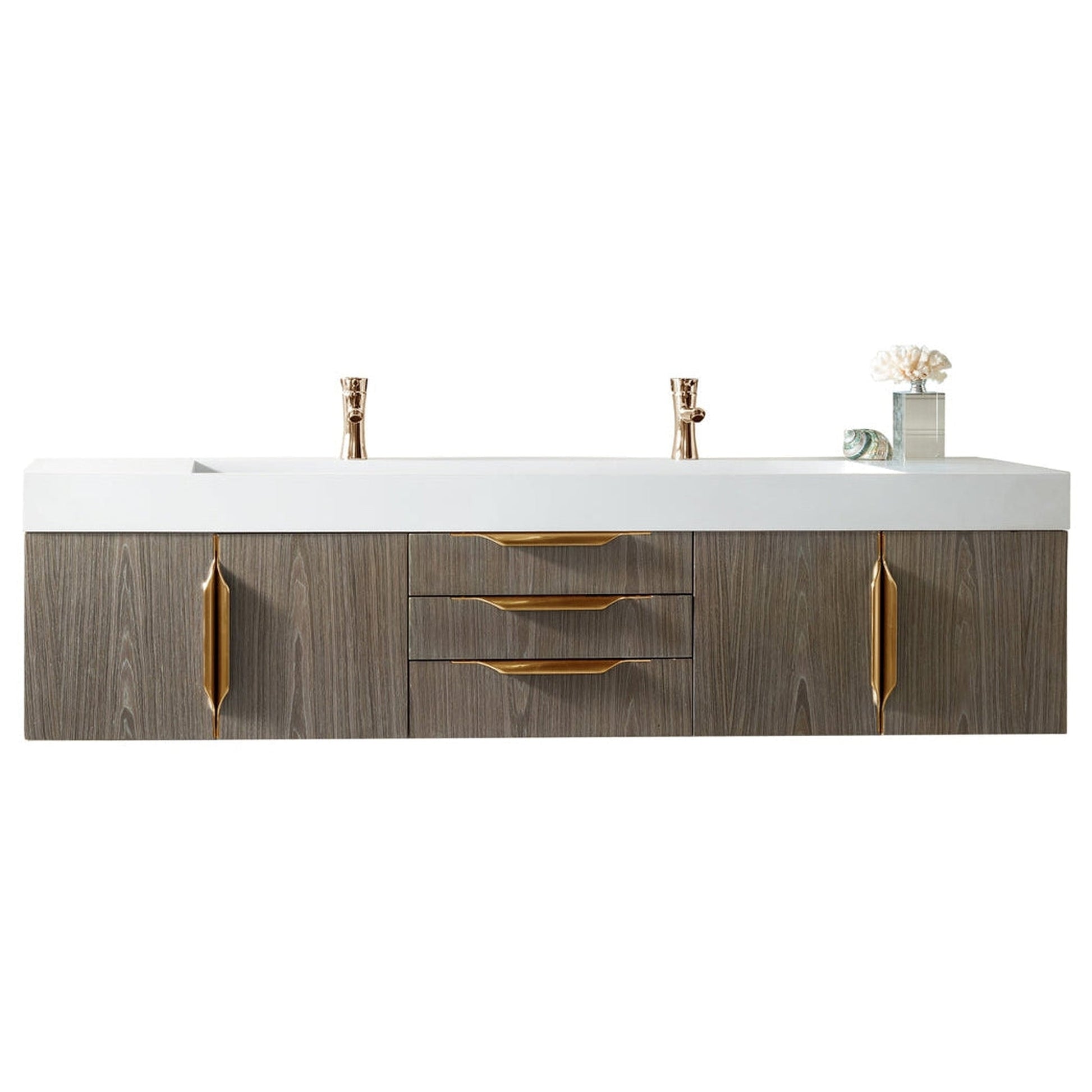 James Martin Vanities Mercer Island 72" Ash Gray, Radiant Gold Double Vanity With Glossy White Composite Top