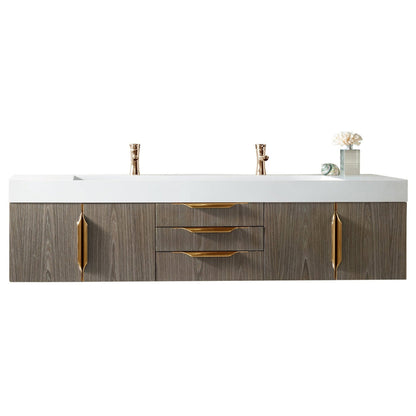 James Martin Vanities Mercer Island 72" Ash Gray, Radiant Gold Double Vanity With Glossy White Composite Top