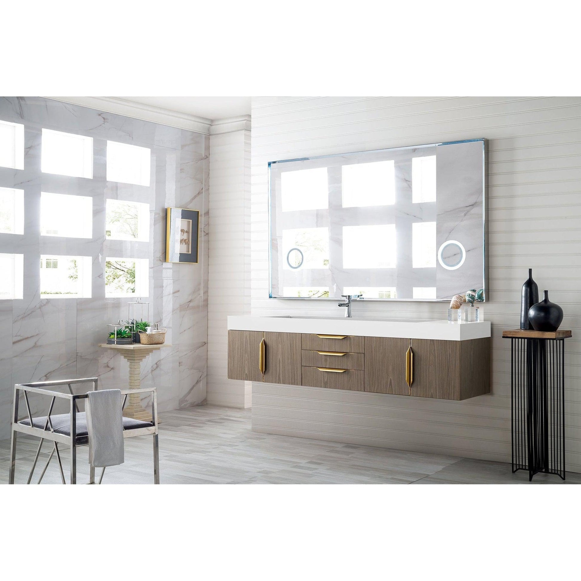 James Martin Vanities Mercer Island 72" Ash Gray, Radiant Gold Single Vanity With Glossy White Composite Top