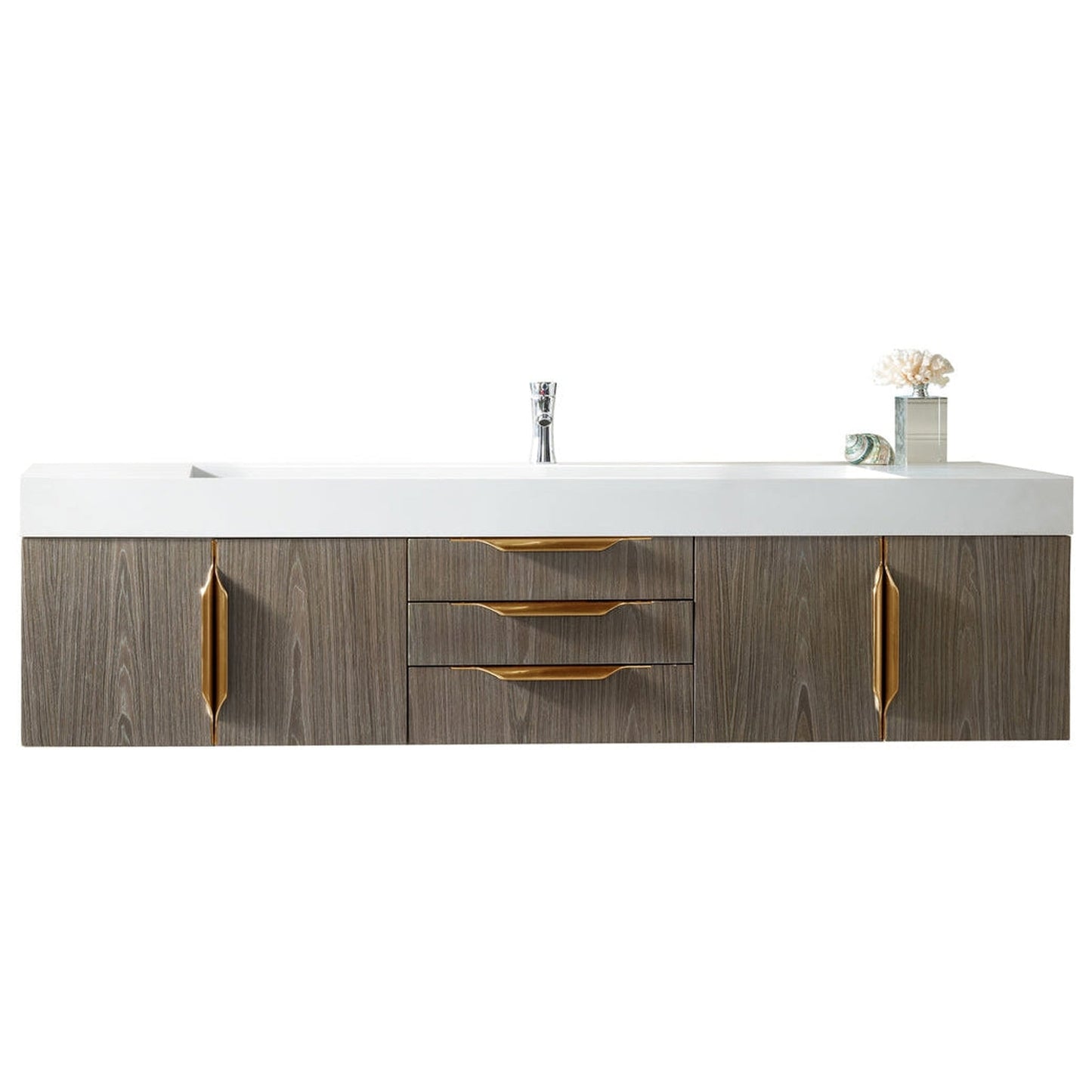 James Martin Vanities Mercer Island 72" Ash Gray, Radiant Gold Single Vanity With Glossy White Composite Top