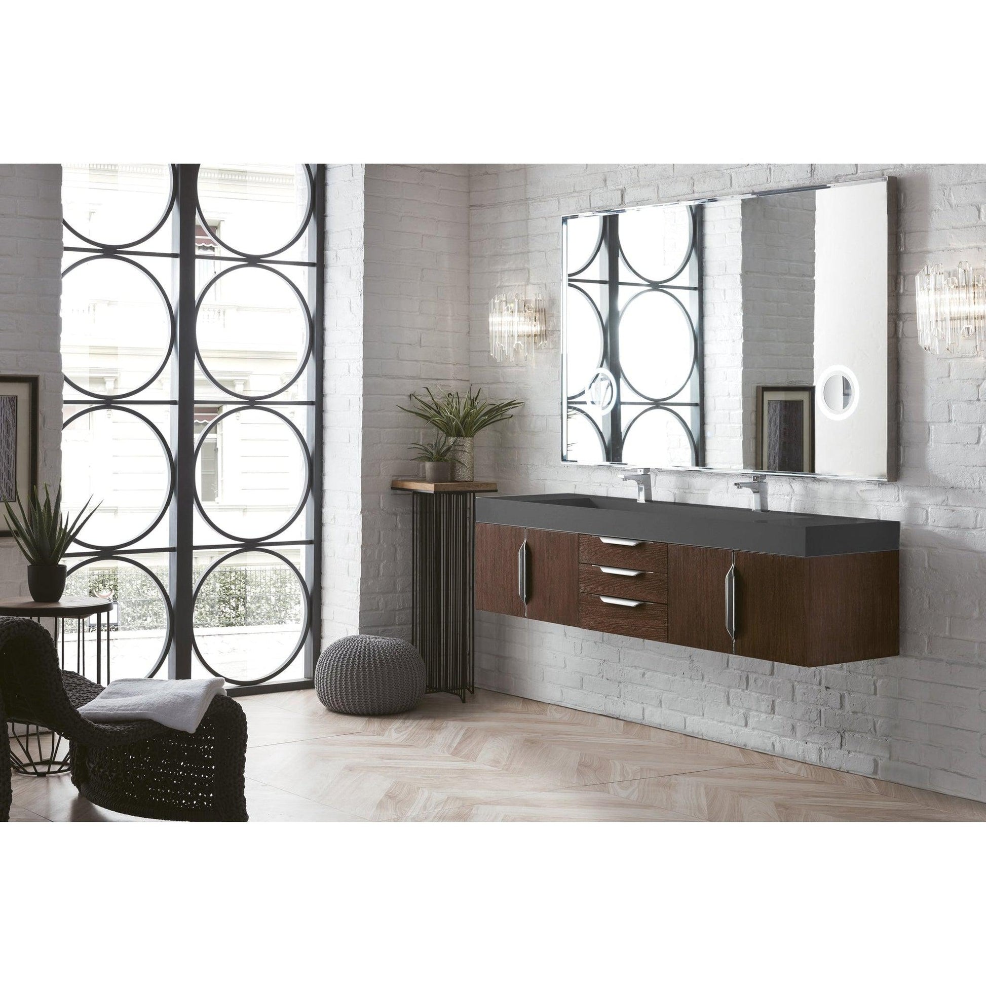 James Martin Vanities Mercer Island 72" Coffee Oak Double Vanity With Dusk Grey Glossy Composite Top