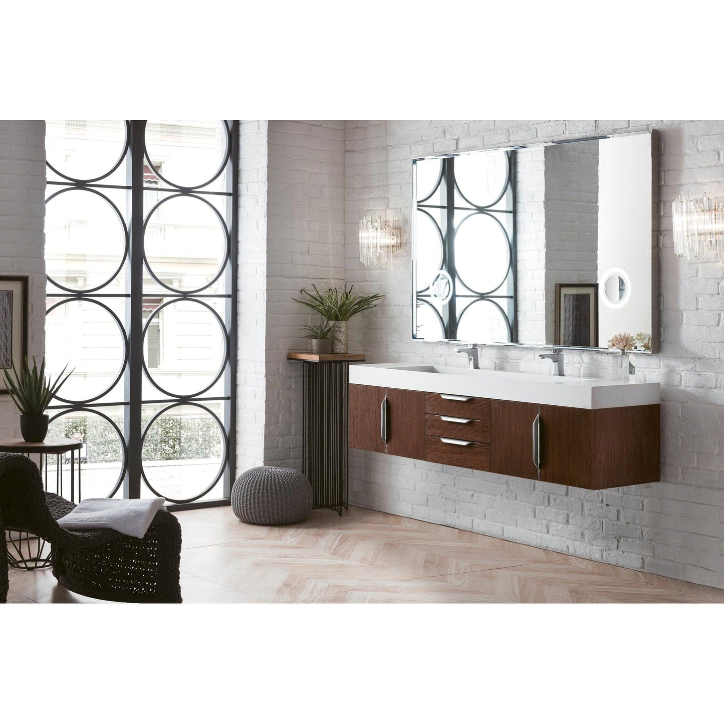 James Martin Vanities Mercer Island 72" Coffee Oak Double Vanity With Glossy White Composite Top