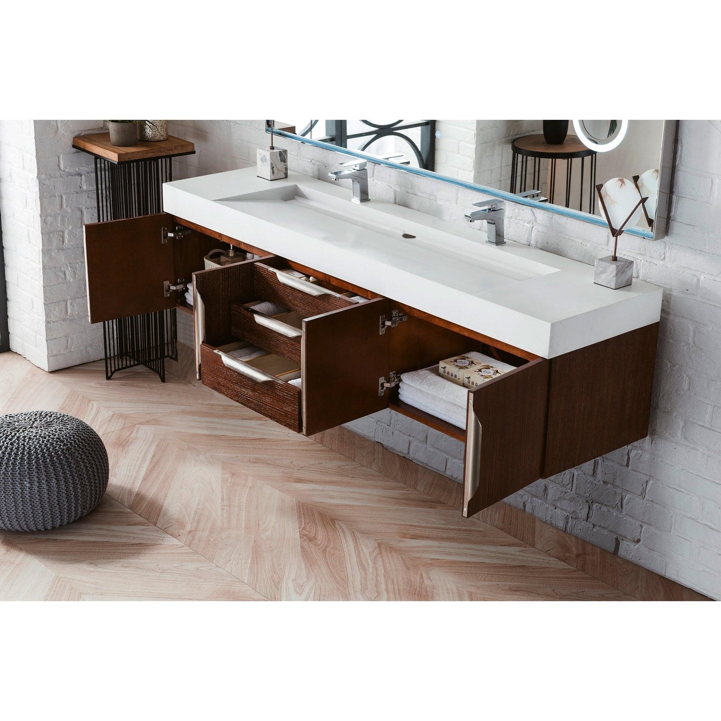 James Martin Vanities Mercer Island 72" Coffee Oak Double Vanity With Glossy White Composite Top