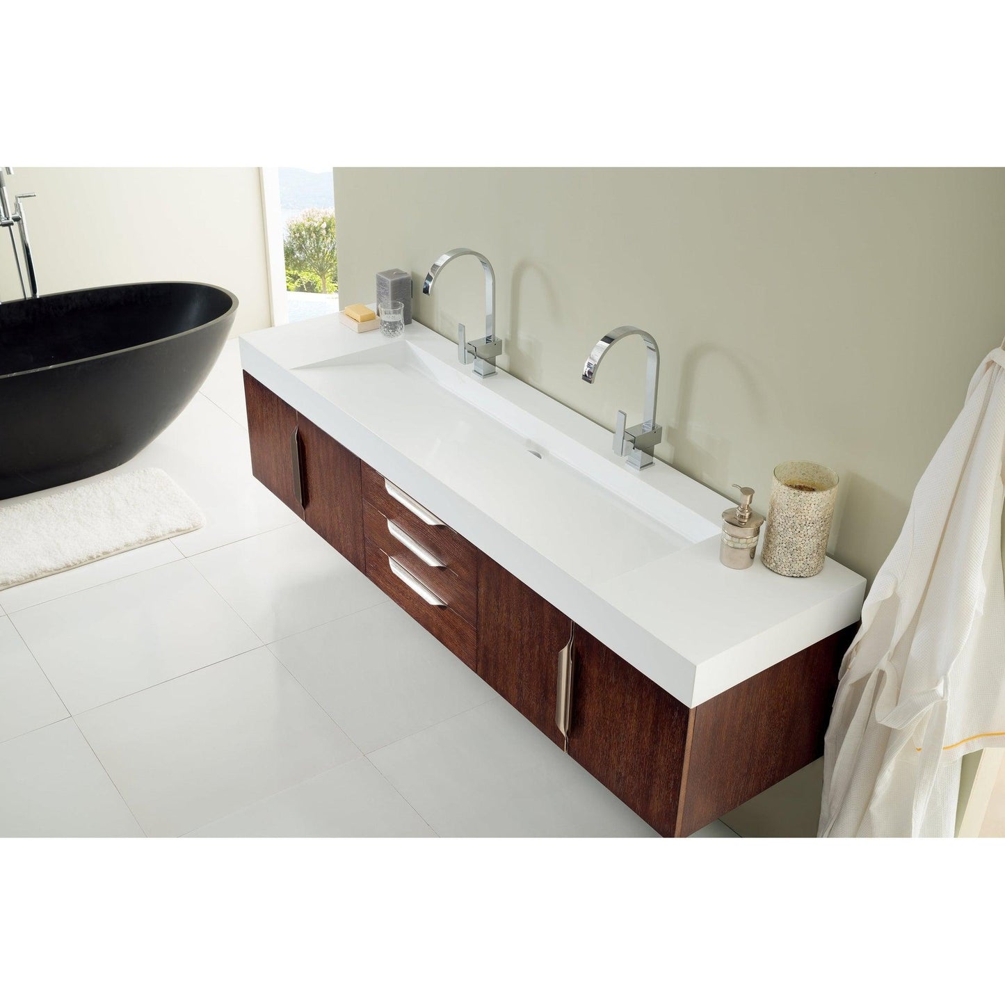 James Martin Vanities Mercer Island 72" Coffee Oak Double Vanity With Glossy White Composite Top