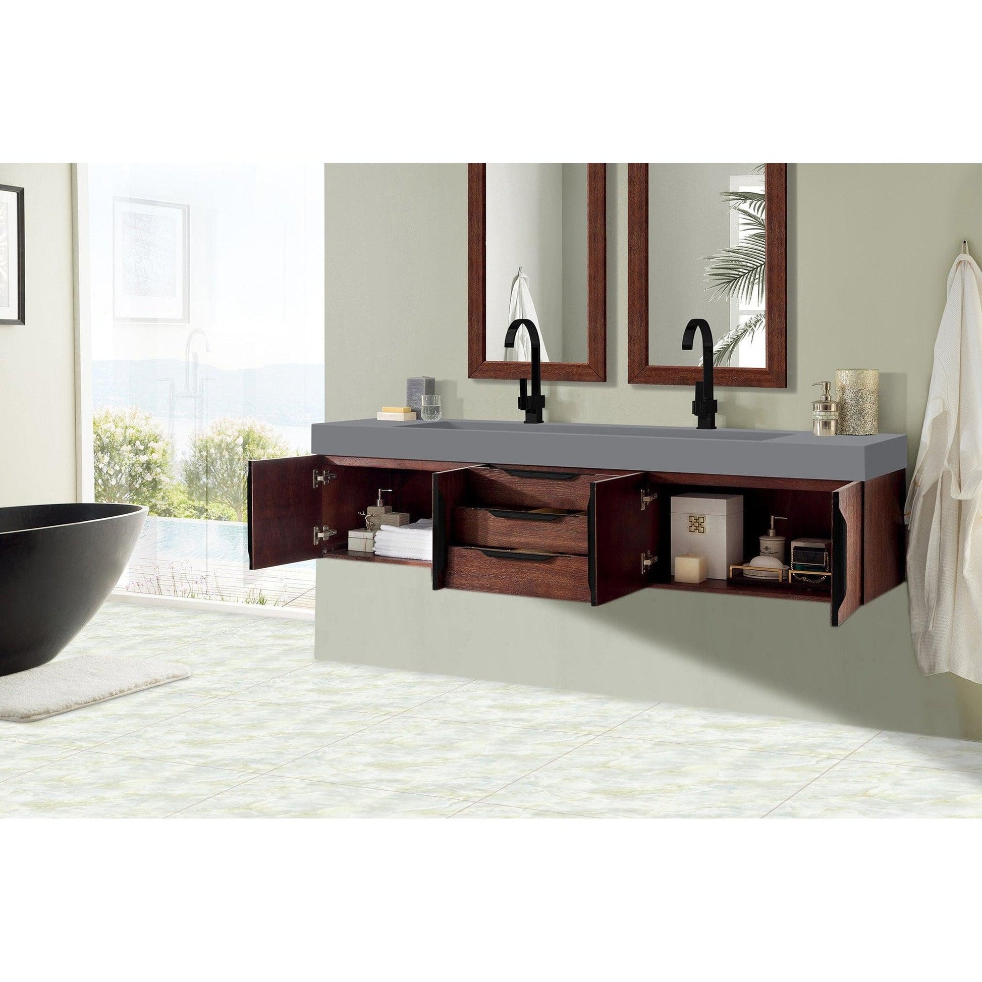 James Martin Vanities Mercer Island 72" Coffee Oak, Matte Black Double Vanity With Dusk Grey Glossy Composite Top