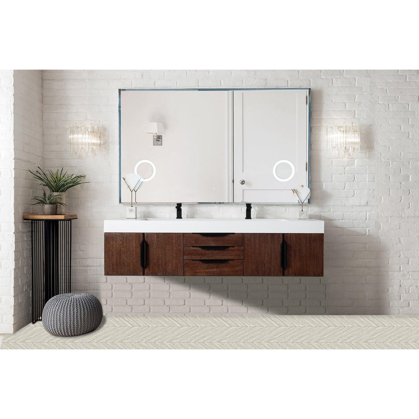 James Martin Vanities Mercer Island 72" Coffee Oak, Matte Black Double Vanity With Glossy White Composite Top