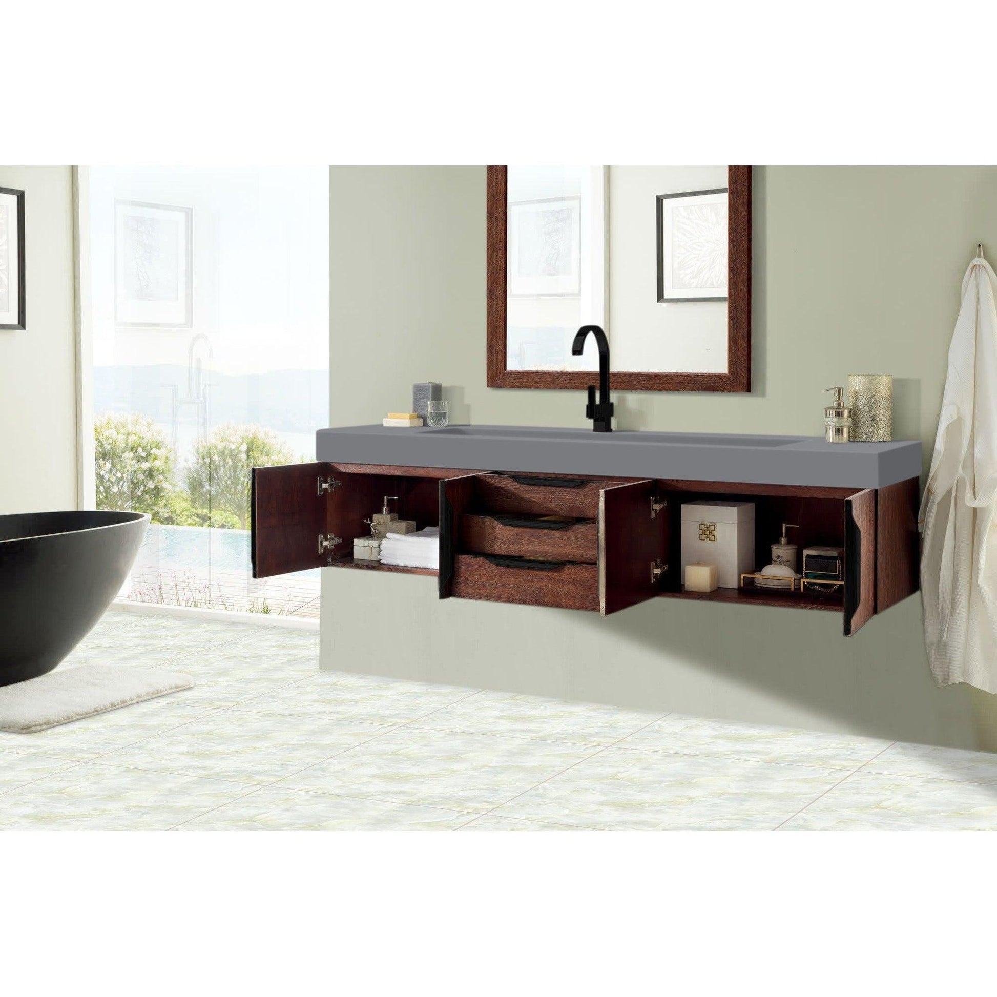 James Martin Vanities Mercer Island 72" Coffee Oak, Matte Black Single Vanity With Dusk Grey Glossy Composite Top