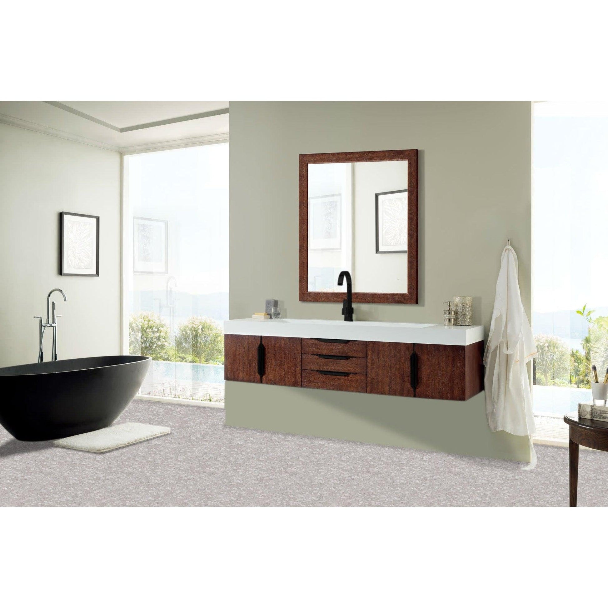 James Martin Vanities Mercer Island 72" Coffee Oak, Matte Black Single Vanity With Glossy White Composite Top