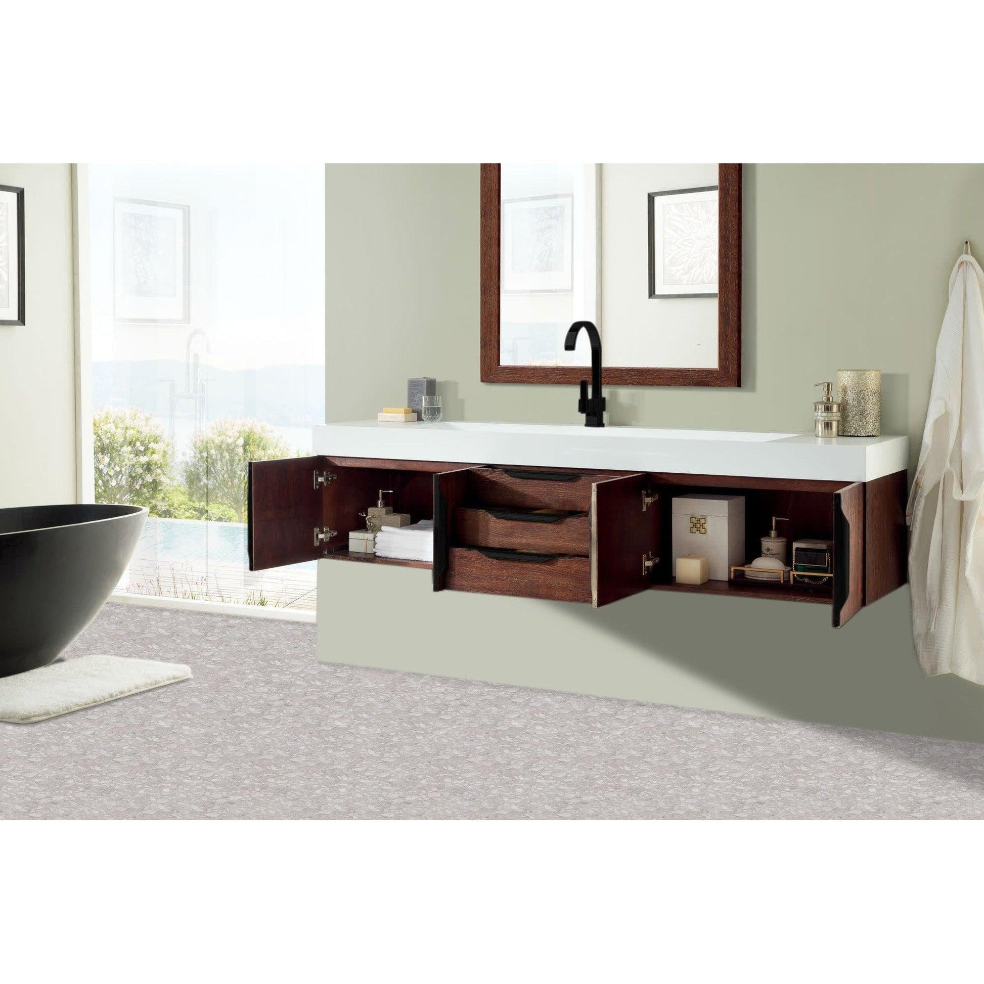 James Martin Vanities Mercer Island 72" Coffee Oak, Matte Black Single Vanity With Glossy White Composite Top