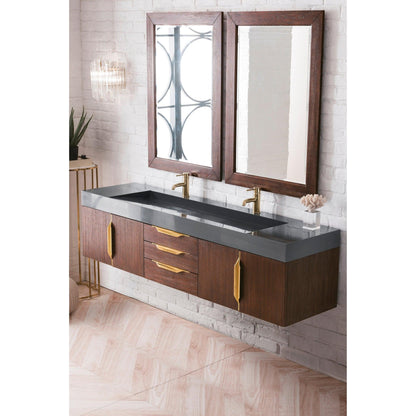 James Martin Vanities Mercer Island 72" Coffee Oak, Radiant Gold Double Vanity With Dusk Grey Glossy Composite Top