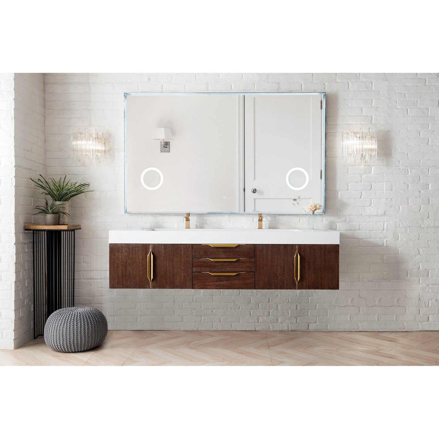 James Martin Vanities Mercer Island 72" Coffee Oak, Radiant Gold Double Vanity With Glossy White Composite Top