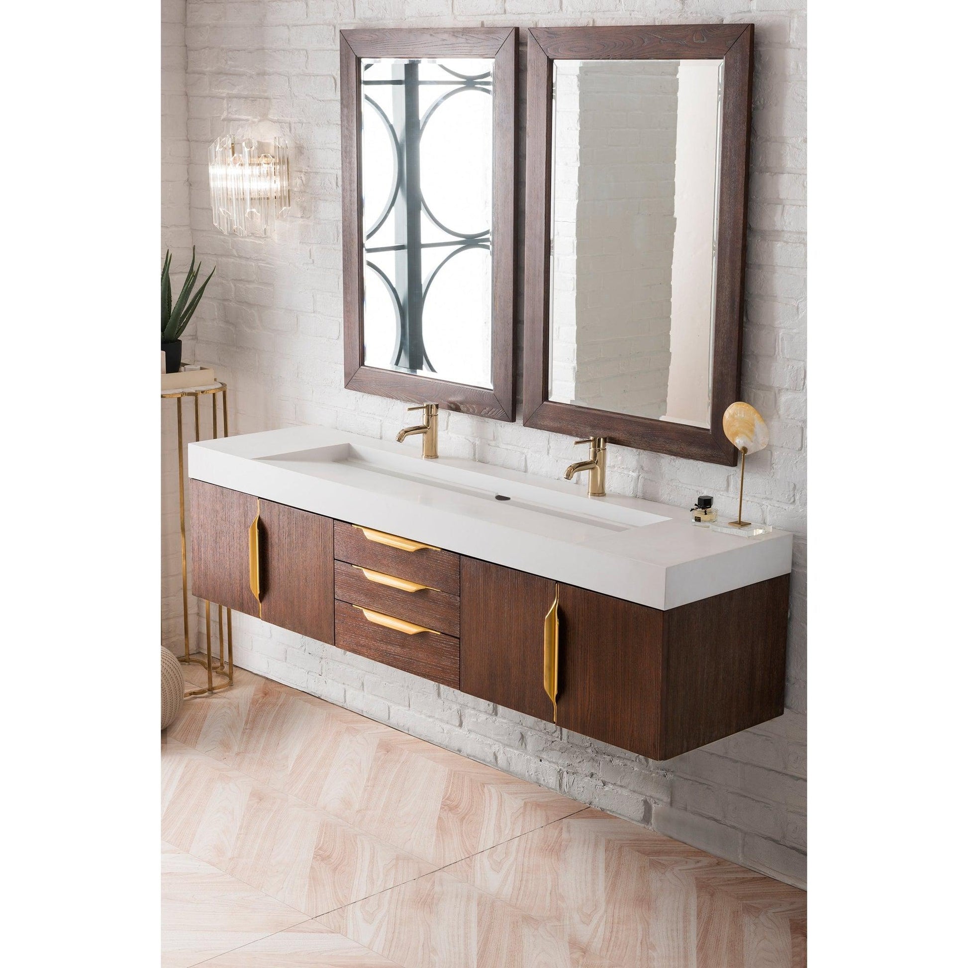James Martin Vanities Mercer Island 72" Coffee Oak, Radiant Gold Double Vanity With Glossy White Composite Top