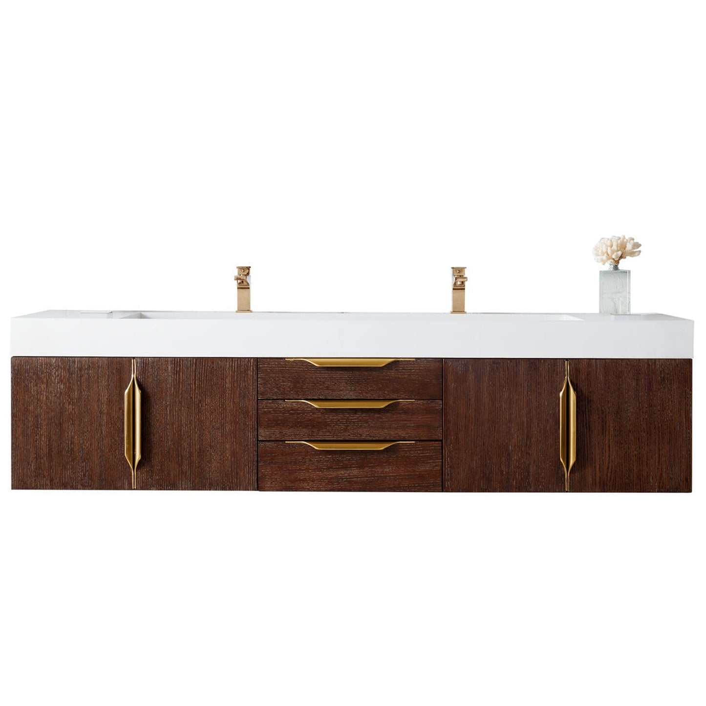 James Martin Vanities Mercer Island 72" Coffee Oak, Radiant Gold Double Vanity With Glossy White Composite Top