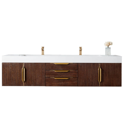 James Martin Vanities Mercer Island 72" Coffee Oak, Radiant Gold Double Vanity With Glossy White Composite Top