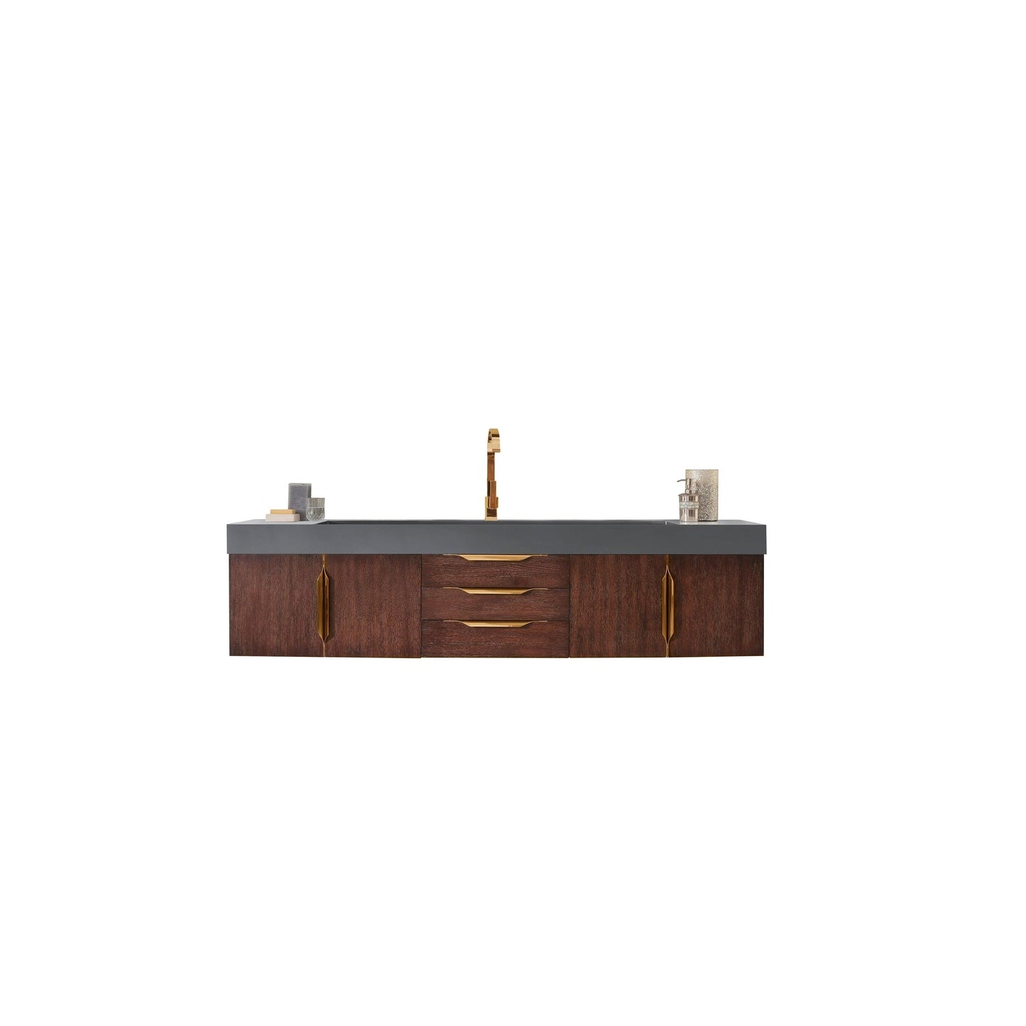 James Martin Vanities Mercer Island 72" Coffee Oak, Radiant Gold Single Vanity With Dusk Grey Glossy Composite Top