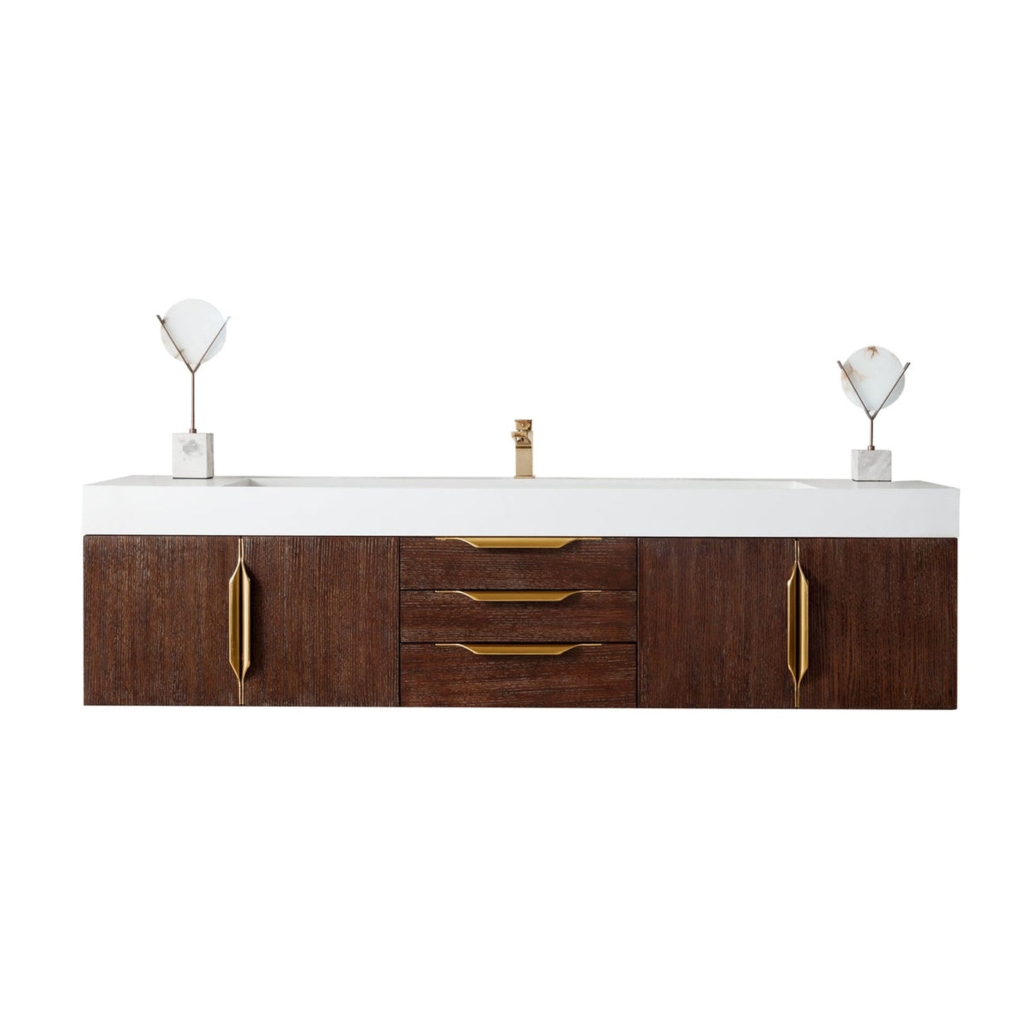 James Martin Vanities Mercer Island 72" Coffee Oak, Radiant Gold Single Vanity With Glossy White Composite Top